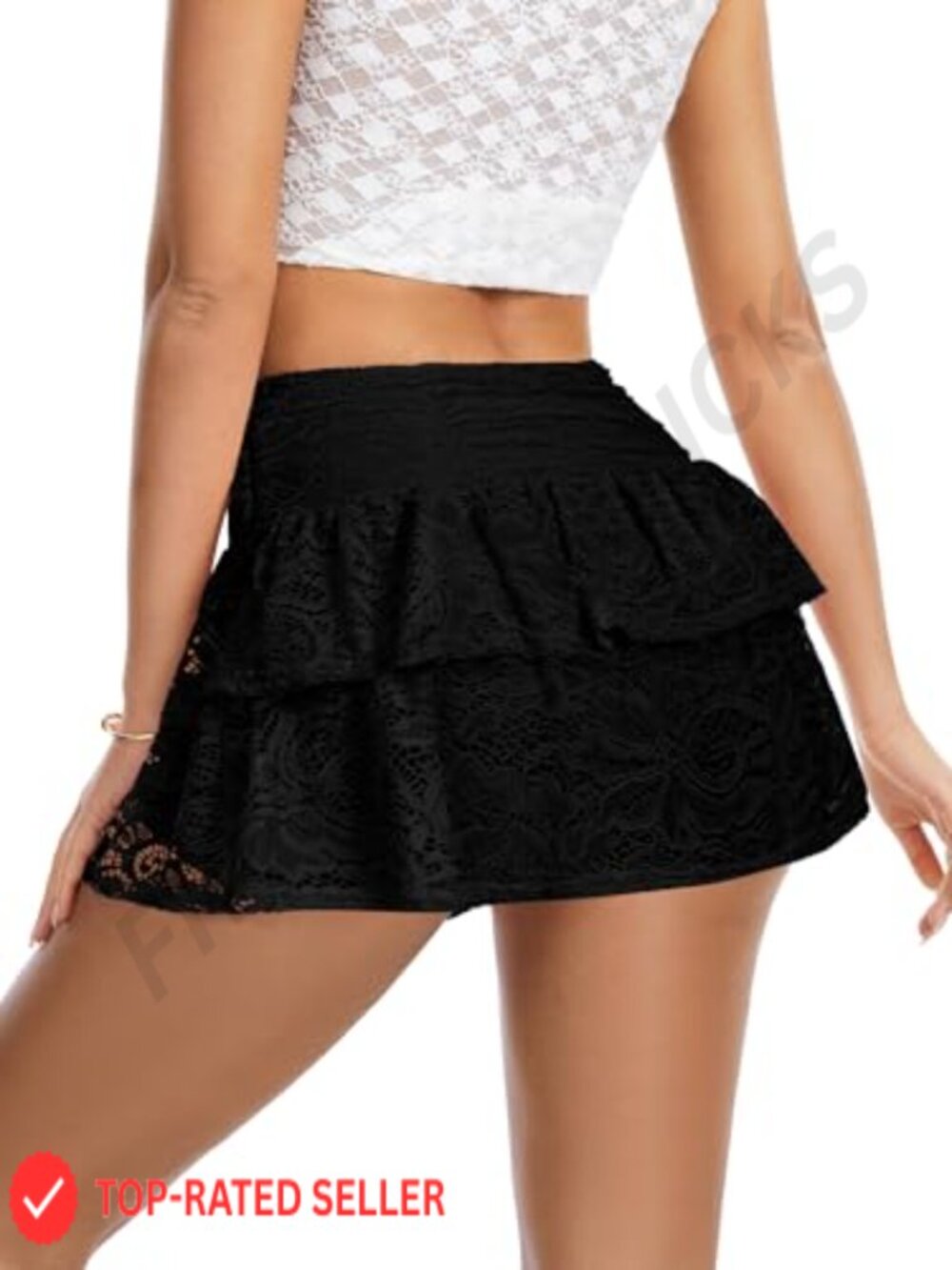 Lace Mini Skirt Y2K Tiered Ruffle A-Line High Waist with Shorts Built-In - Picture 2 of 7